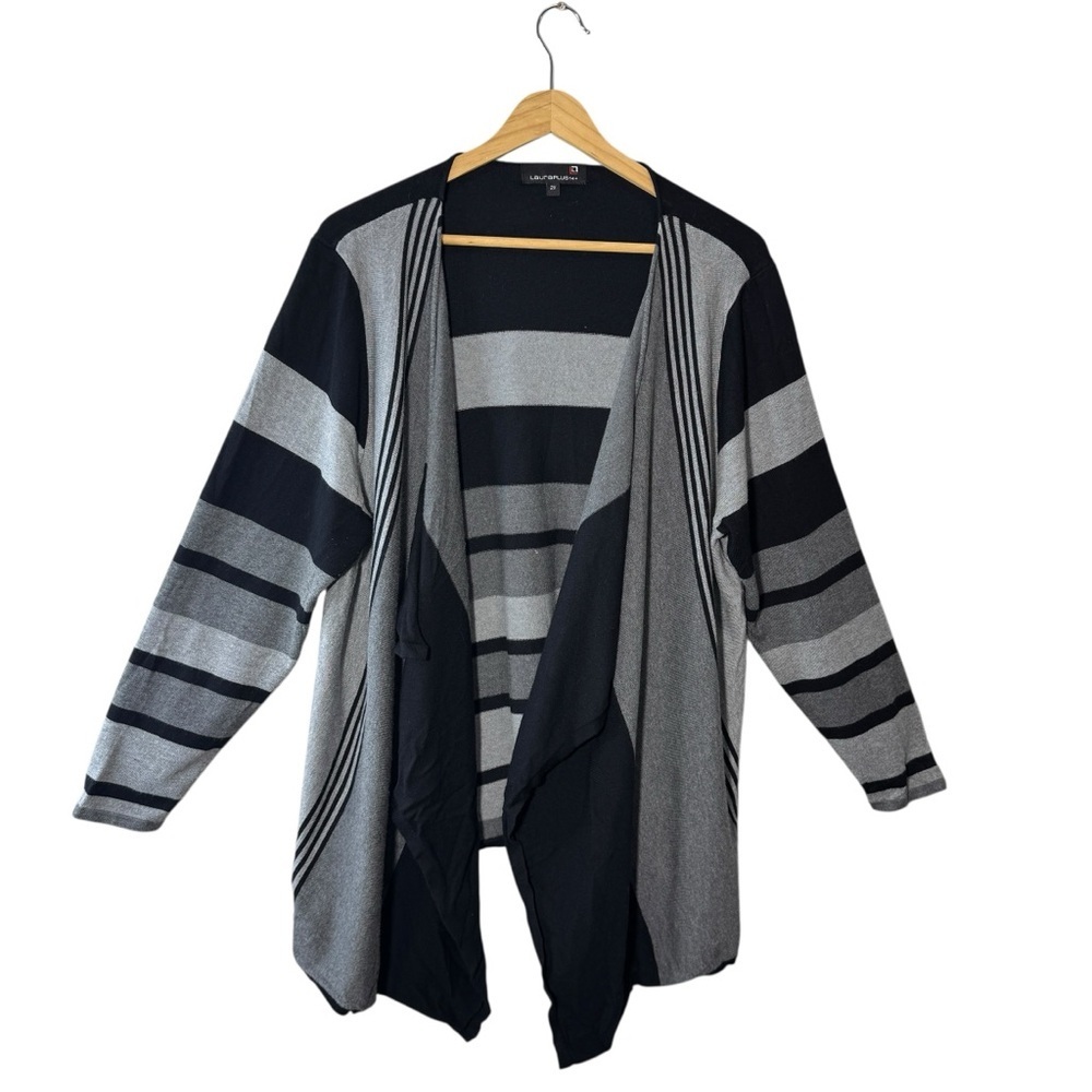 Laura Plus Open Front Colourblock Grey Black Cardigan Size 2x